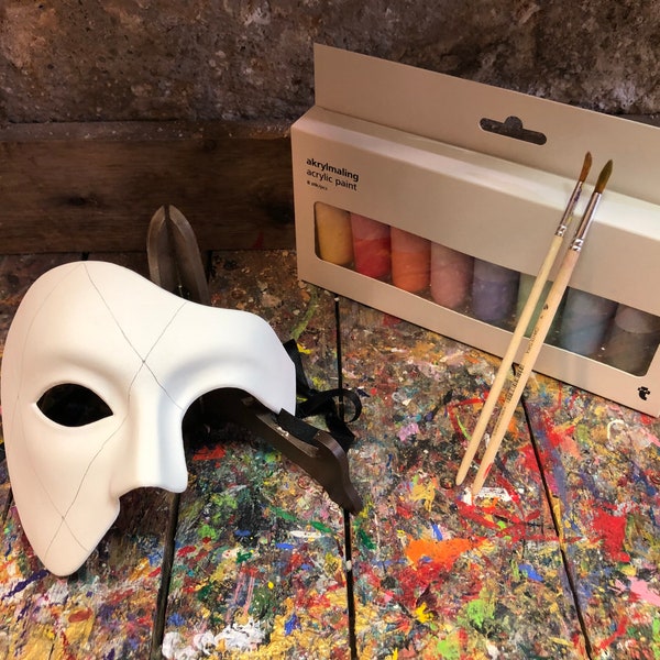 Masque pour les yeux vénitien blanc à peindre, avec jeu de pinceaux et couleurs - Masque de carnaval vénitien à décorer