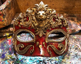 Venetian Carnival Mask with Golden Lion and Baroque Friezes