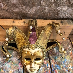 Golden Joker Mask Made in Venice - Carnival Mask for Christmas Decorations - Not Wearable