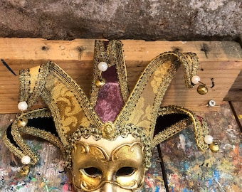 Golden Joker Mask Made in Venice - Carnival Mask for Christmas Decorations - Not Wearable