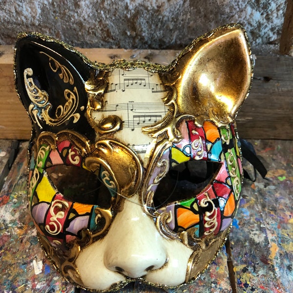 Cat carnival mask hand decorated with Venetian designs - Original Venetian cat mask