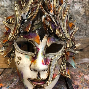 Luxurious Venetian Carnival Mask Rich in Floral Decorations and Glitter - Hand Decorated Venetian Mask