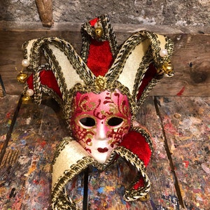 Red Jester Mask - Venetian Jester Mask, Decorated and Handmade - Carnival Joker Mask - Not Wearable