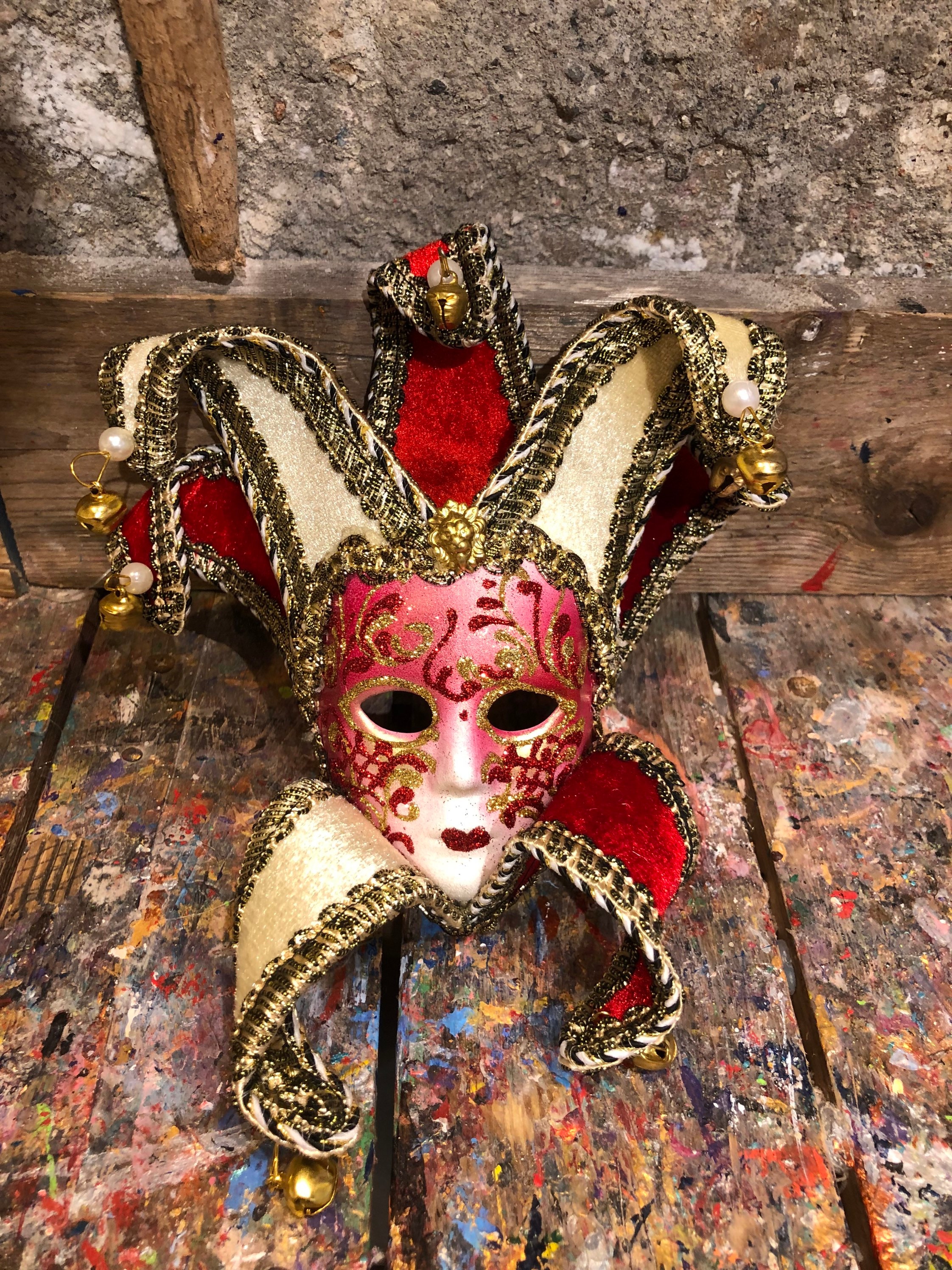 Máscara veneciana de Mardi Gras para hombre, disfraz de música de oro rojo,  fiesta de graduación para hombre