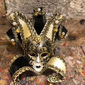 Jester Carnival Mask, Decorated with Black and Grey Colors - Venetian Joker Carnival Mask - Not Wearable