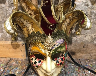 Masque de bouffon - Masque de carnaval de bouffon - Jolly vénitien fabriqué et décoré à la main