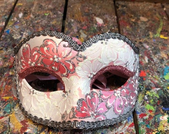 Silver carnival eye mask decorated with pink flowers - Venetian carnival mask for parties - Hand drawn