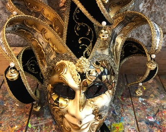 Venetian Jester Mask Hand Decorated with Gold Colors - Carnival Joker Mask