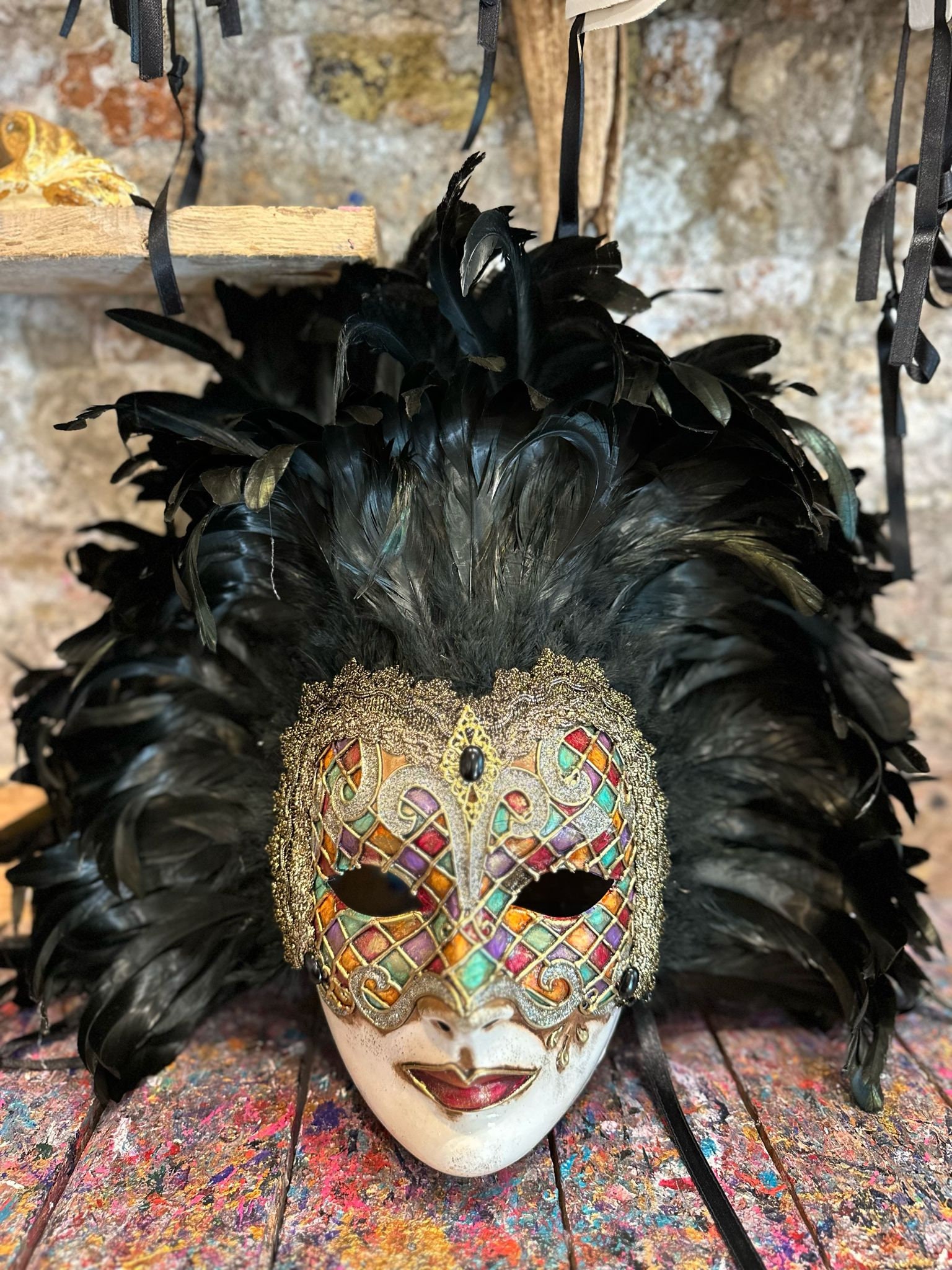 Exclusive Venetian Mask Decorated With Harlequin-colored Friezes
