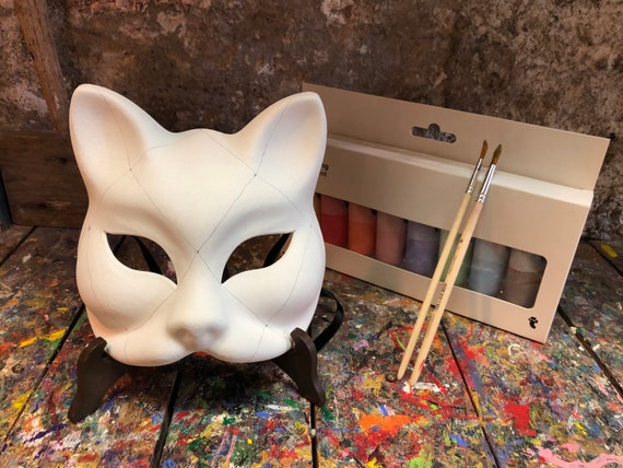 Cat Mask With Color Set and Brushes White Cat Mask to Paint