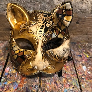 Golden Cat Carnival Mask - Hand Made and Decorated Cat Mask with Golden Colors - Party Mask