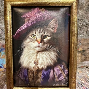 Peinture de peau sur toile représentant un chat habillé en noble - Peinture peinte à la main d'un chat habillé en carnaval vénitien
