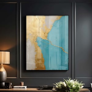 Wabi Sabi Art Print, Japandi en Kintsugi abstracte kunst aan de muur in turkoois en goud