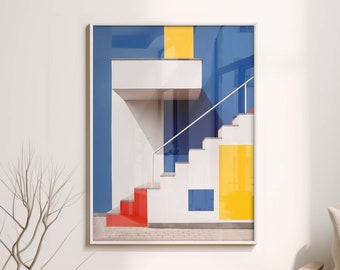 Bauhaus inspired minimalist wall art: Exhibition poster and geometric wall art featuring a staircase in yellow blue red and white