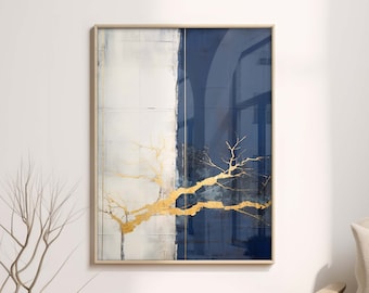 Wabi Sabi Art Print, Japandi and Kintsugi Abstract Wall Art in Navy Blue and Gold