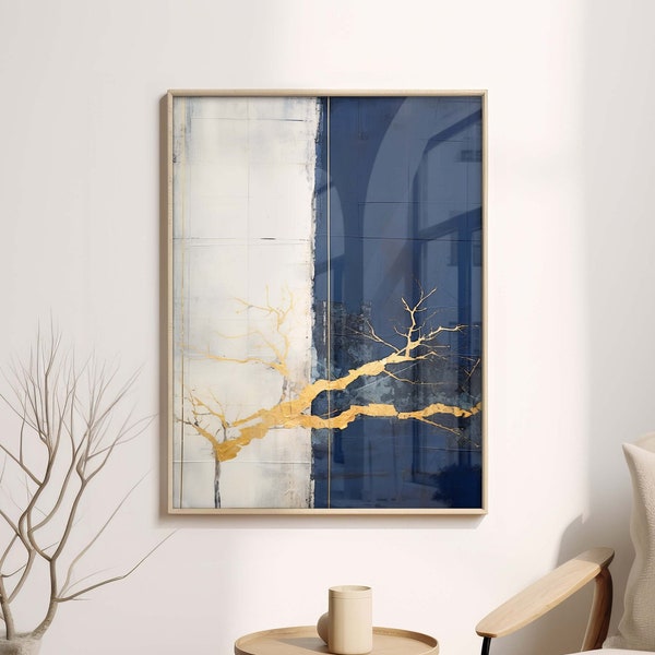 Wabi Sabi Art Print, Japandi and Kintsugi Abstract Wall Art in Navy Blue and Gold