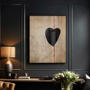 Wabi Sabi Art Print, Japandi Wall Art showing a black heart, Valentine&#39;s Day Gift, Love