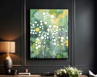Arte mural inspirado en Yayoi Kusama en estilo Japandi Art que presenta una composición de naturaleza abstracta en verde salvia - Decoración de pared