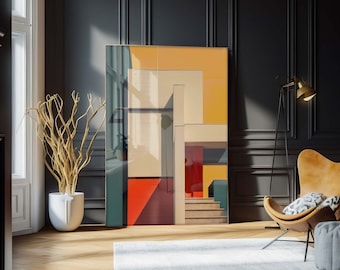 May include: A modern living room with a black and white abstract painting hanging on the wall. A brown leather armchair with a white and black patterned pillow sits on a white rug in front of the painting. A gray ottoman sits next to the chair.