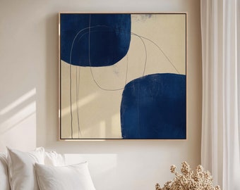 Wabi Sabi and Japandi Extra large wall art, Canvas print, Abstract Graffiti art in blue, and cream tones