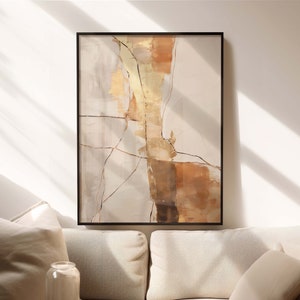 Wabi Sabi Art Print, Japandi Abstract Wall Art and Kintsugi showing an abstract composition in earth tones, orange and gold