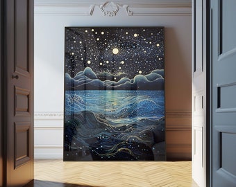 Yayoi Kusama’s inspired wall art in Japandi Art style featuring an abstract seascape at night - Wall Decor