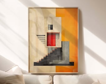 May include: A framed abstract painting of a house with a red door and a staircase. The house is painted in shades of white, gray, and black, and the background is a bright orange.
