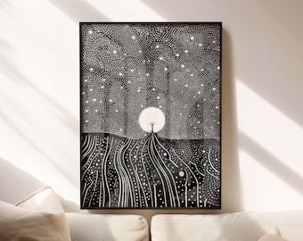 Yayoi Kusama’s inspired wall art in Japandi Art style featuring a black and white landscape - Wall Décor
