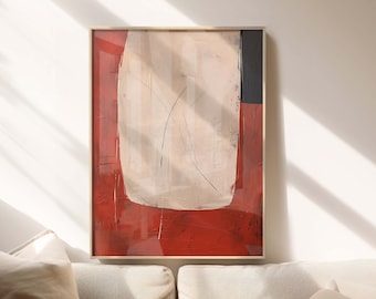 Wabi Sabi Art Print, Japandi Wall Art showing an abstract composition in red white and black