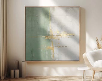 Wabi Sabi and Japandi Extra large wall art, Kintsugi Canvas print, Abstract art in Sage Green and golden colors