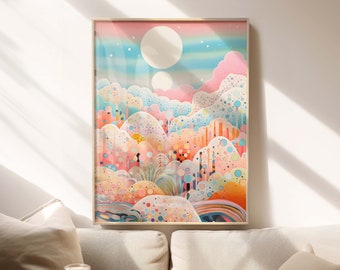 Yayoi Kusama’s inspired wall art in Japandi Art style featuring an abstract landscape - Wall Decor