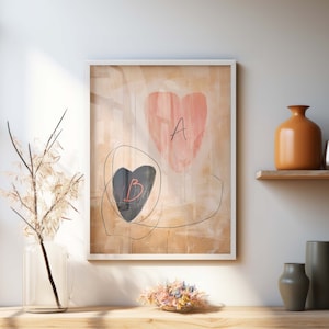 Custom print, Personalized letters Wabi Sabi Art Print on hearts, Japandi Wall Art, Valentine&#39;s Day, Custom Gift, Gift for her, Gift for him