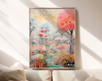 Yayoi Kusama’s inspired wall art in Japandi Art style featuring an abstract landscape - Wall Decor