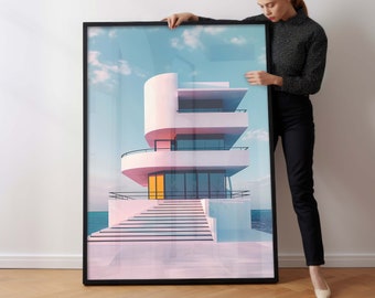 Bauhaus inspired minimalist wall art: Exhibition poster and geometric wall art featuring an architecture in white, yellow and blue