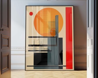 May include: Abstract geometric art print with a large orange circle, a red rectangle, and black and gray geometric shapes. The print is framed and hanging on a white wall.