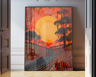 Yayoi Kusama’s inspired wall art in Japandi Art style featuring an abstract landscape at sunset - Wall Décor