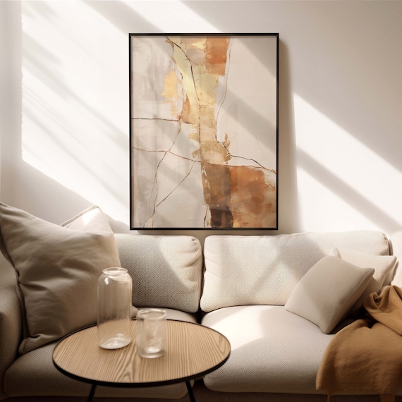 Wabi Sabi Art Print, Japandi Abstract Wall Art and Kintsugi showing an abstract composition in earth tones, orange and gold