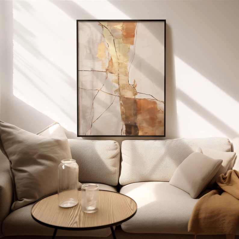Wabi Sabi Art Print, Japandi Abstract Wall Art and Kintsugi showing an abstract composition in earth tones, orange and gold image 1