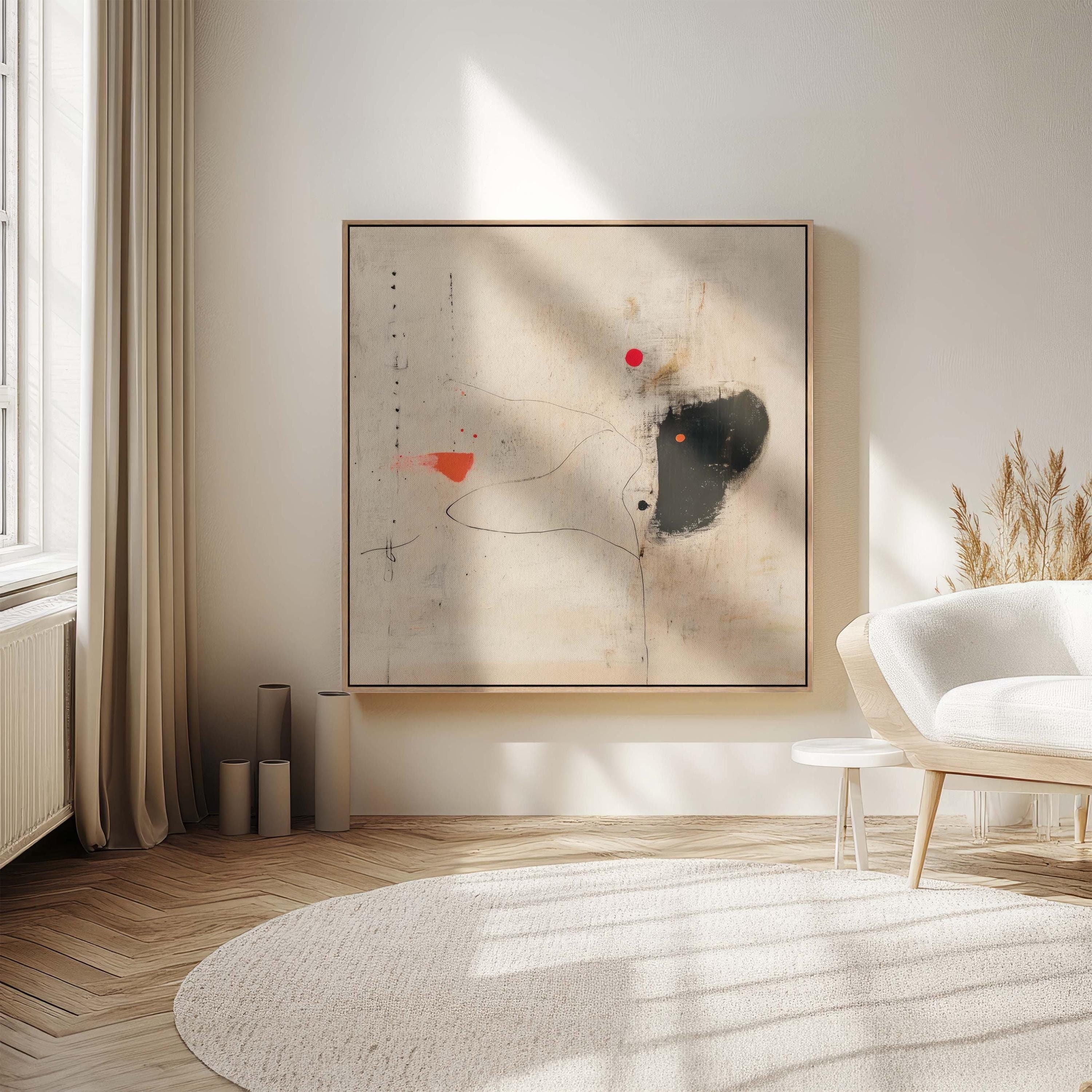 Wabi Sabi and Japandi Extra large wall art, Canvas print, Abstract Graffiti art in red, black  and cream tones