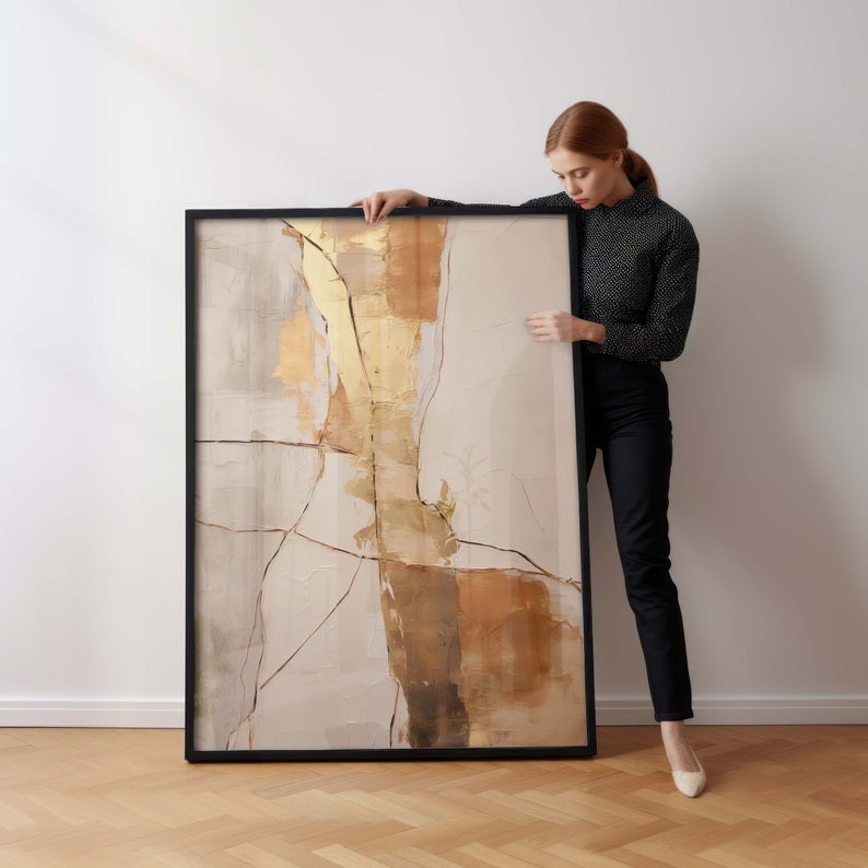 Wabi Sabi Art Print, Japandi Abstract Wall Art and Kintsugi showing an abstract composition in earth tones, orange and gold image 5