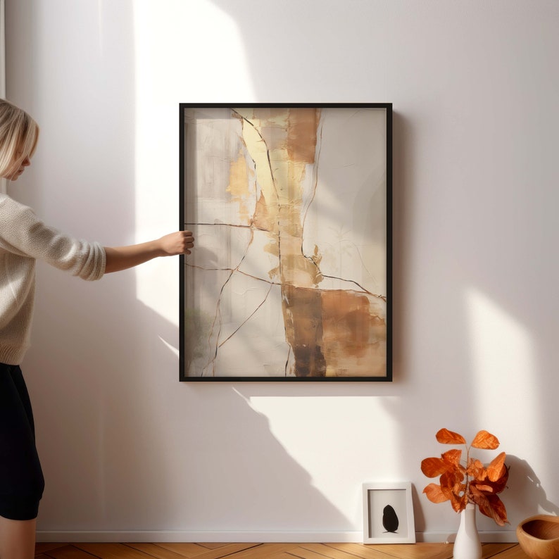 Wabi Sabi Art Print, Japandi Abstract Wall Art and Kintsugi showing an abstract composition in earth tones, orange and gold image 3