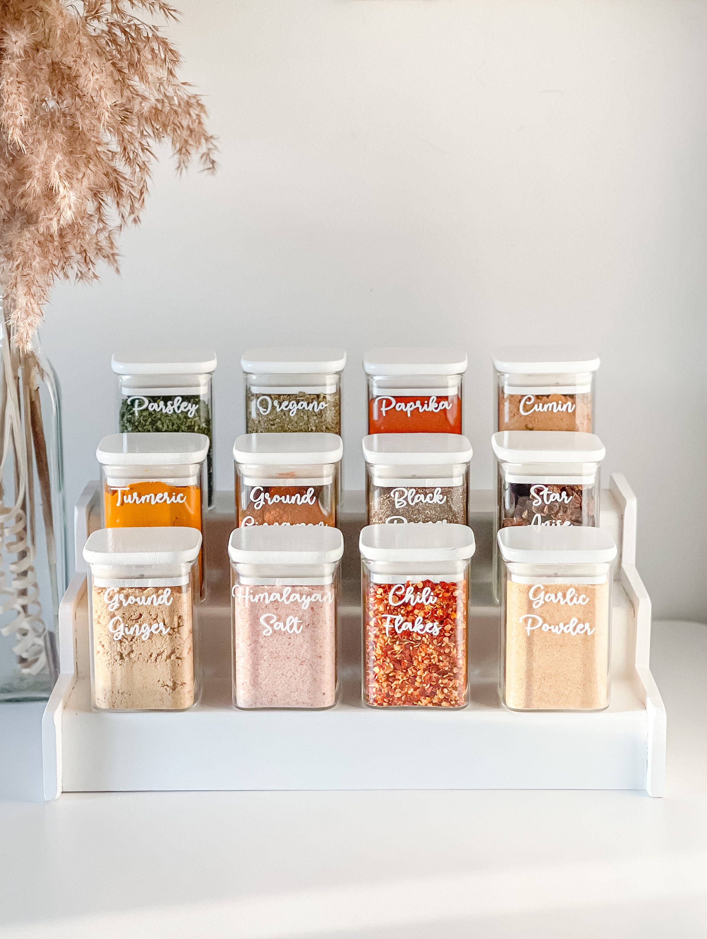 White Glass Spice Jars With White Rack and Vinyl Labels Etsy