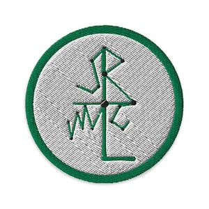 May include: A green and white embroidered patch with a stylized symbol in the center. The symbol is made up of lines and dots, and it resembles a tree or a plant.
