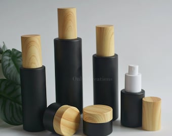 Botella con bomba de spray de vidrio negro mate de 30 ml, 60 ml, 80 ml y 100 ml, botella con bomba de loción de suero, envase para cosméticos, tarro de crema, tapa de plástico