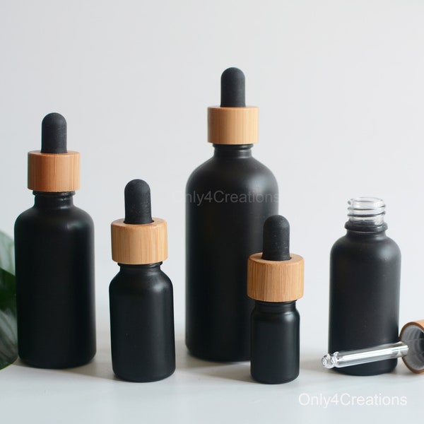 5ml 15ml 30ml 50ml 100ml Matte Black Glass Essential Serum Herb Oil Dropper Bottle, Natural Bamboo Collaer Dropper Pipette Bottle, Wholesale