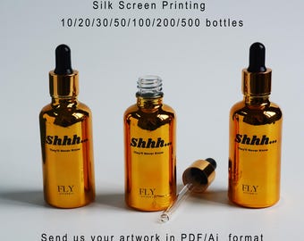 Gepersonaliseerde logo-opdruk in glanzende gouden glazen serum- en etherische olie-druppelflesjes van 5 ml, 10 ml, 15 ml, 20 ml, 30 ml, 50 ml en 100 ml voor huidverzorgingsproducten.