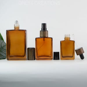 30ml 50ml 100ml  Natural Dark Wood Cap Square Clear Amber Glass Cosmetic Packaging Spray bottle/Dropper bottle/Roller bottle Wholesale