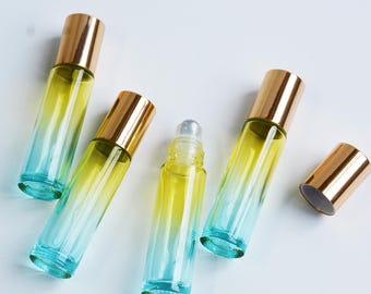 1-200 stuks 10 ml rollerflesje met geelblauwe glazen bal en gouden schroefdop voor etherische oliën, geschikt voor geur-, lippenverzorgings- en parfumolie