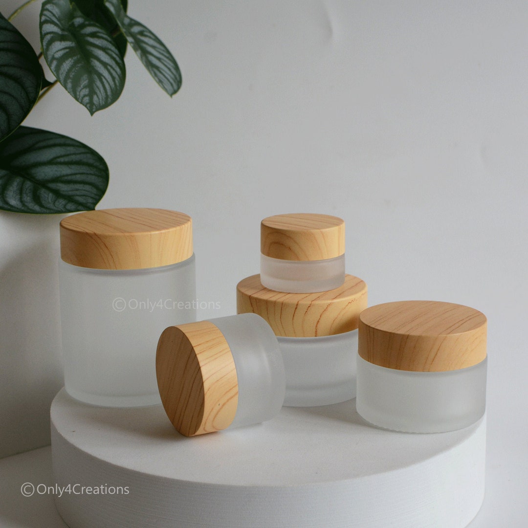 Yannee Plastic Cosmetic Containers with Bamboo Wooden Lids,White Empty  Cosmetic Jar Body Lotion Refillable Candy Frost,250ML 