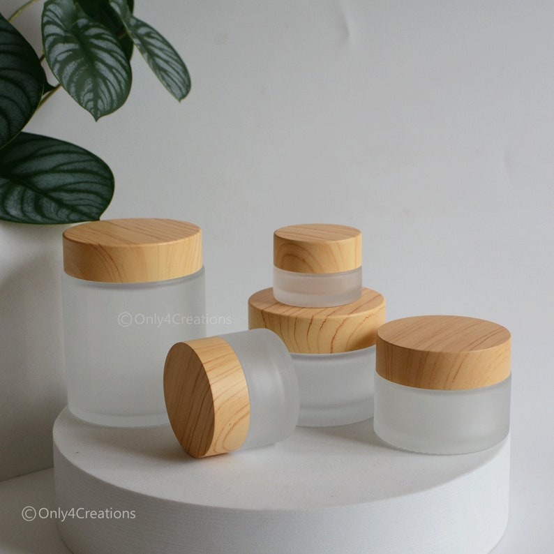 5g 15g 30g 50g 100g Empty Bamboo Wooden Printing Empty Cream Jar Container, Frosted Glass Beauty Cosmetic Packaging, PLASTIC Cap, Wholesale